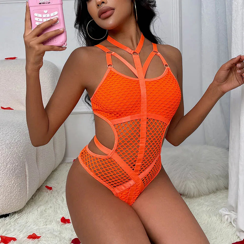 JSY Sexy Bodysuit Lingerie Set Hollow Out Orange Transparent Women's Underwear Halter Teddies Erotic Catsuit Lingerie Costumes