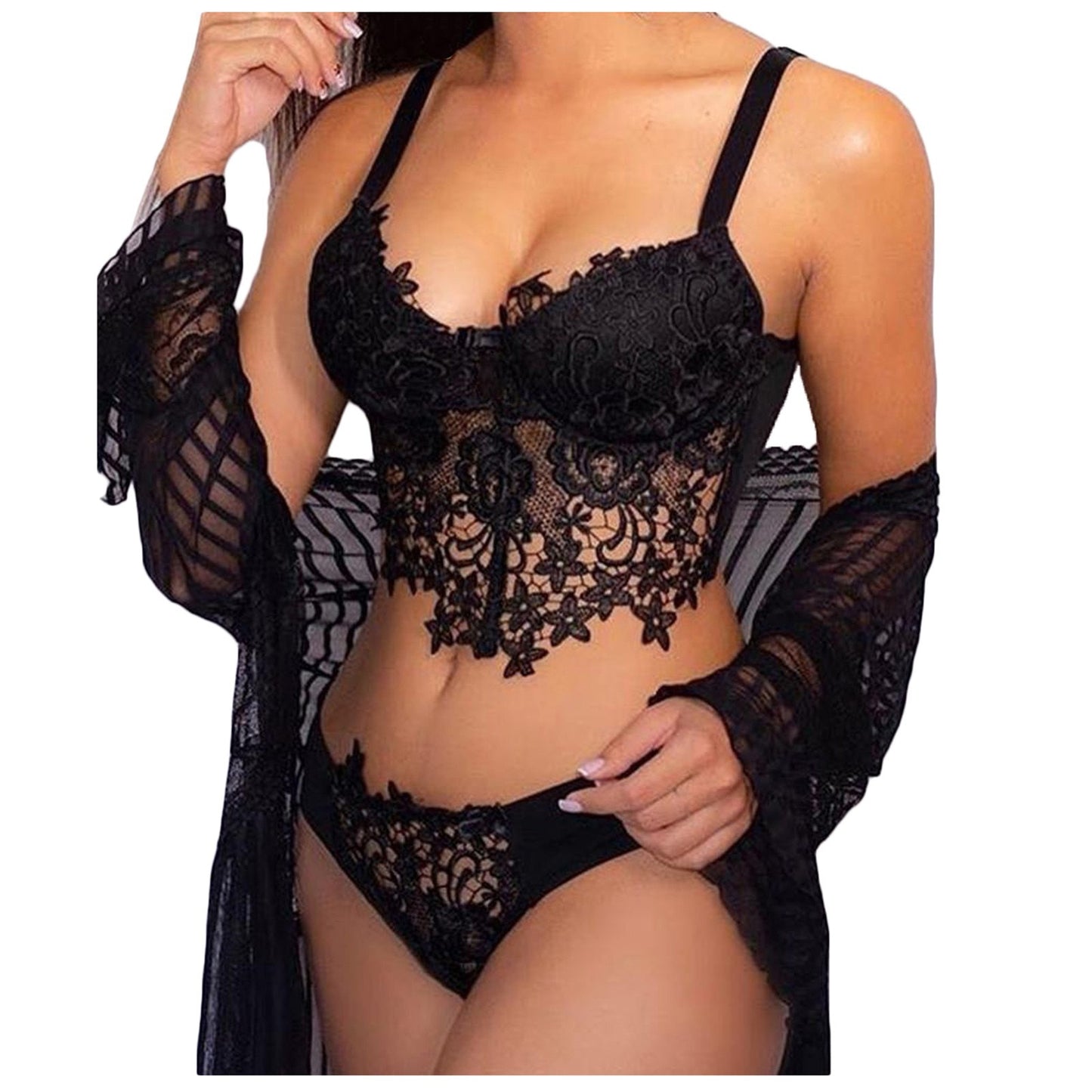 Sexy Women Embroidery Lingerie Lace Collar Wireless Bra Sexy Lingerie Thong Set Underwear Perspective Sexy Sensual Lingerie