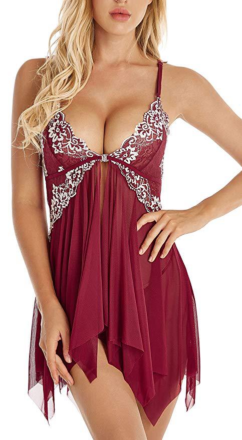 Women Sleepwear Babydoll Lace Mesh Nightdress Lingerie