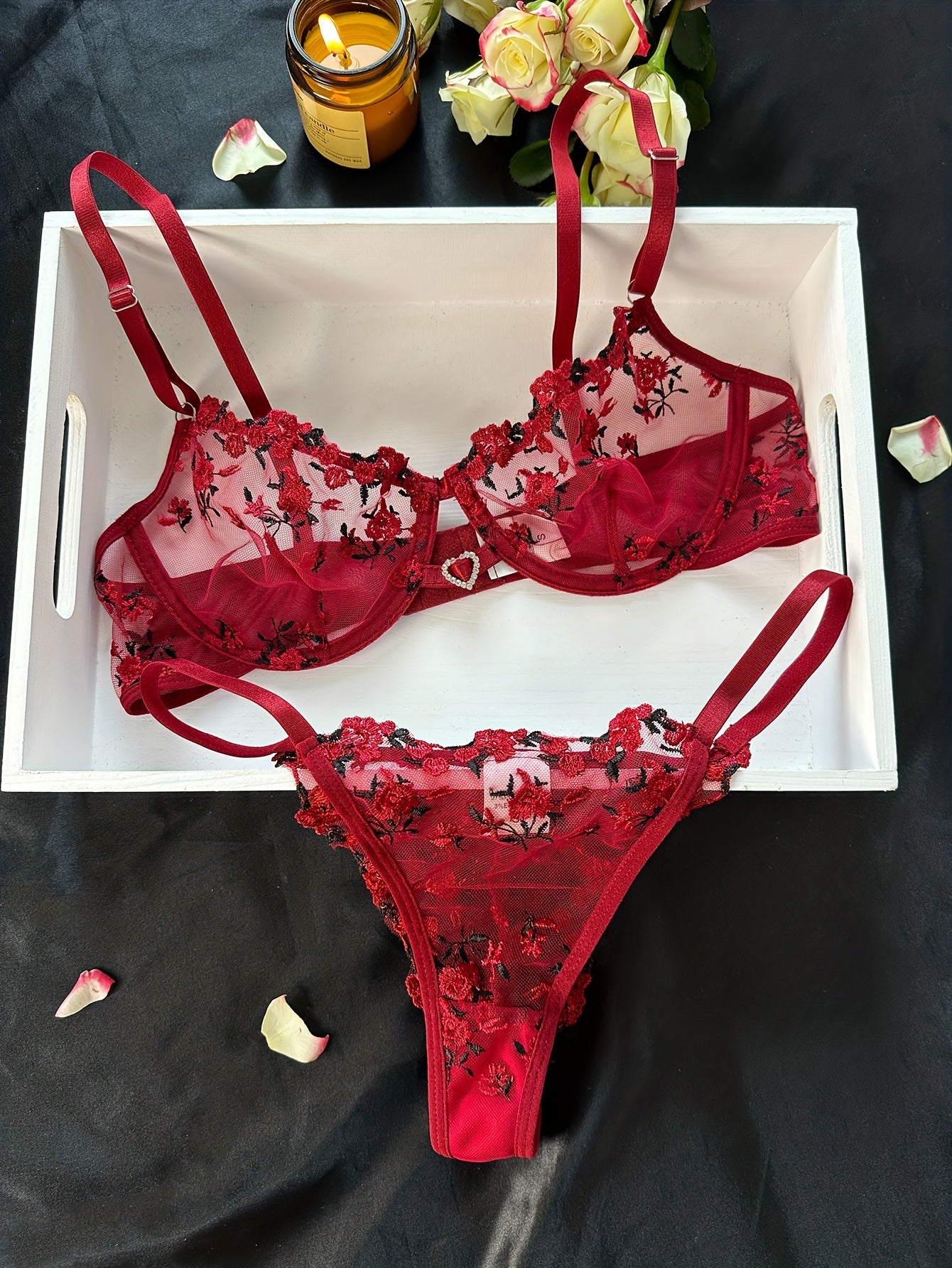 Floral Embroidery Lingerie Set, Hollow Out Unlined Bra & Sheer Mesh Thong, Women's Sexy Lingerie & Underwear