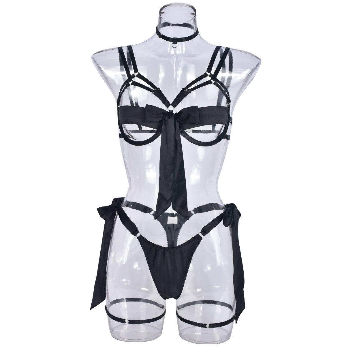 Satin Dew Leg Ring Strap Lingerie 4-piece Set - Peek A Boo Undies