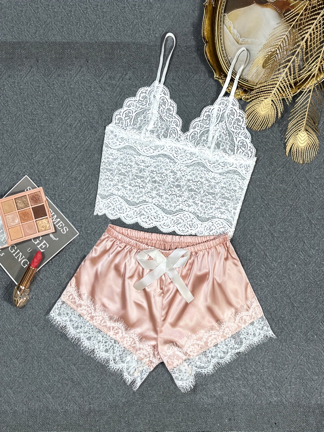 Women's Sexy Floral Lace Lingerie Set - Sheer Bralette And Bow Shorts For Seductive Style And Comfort