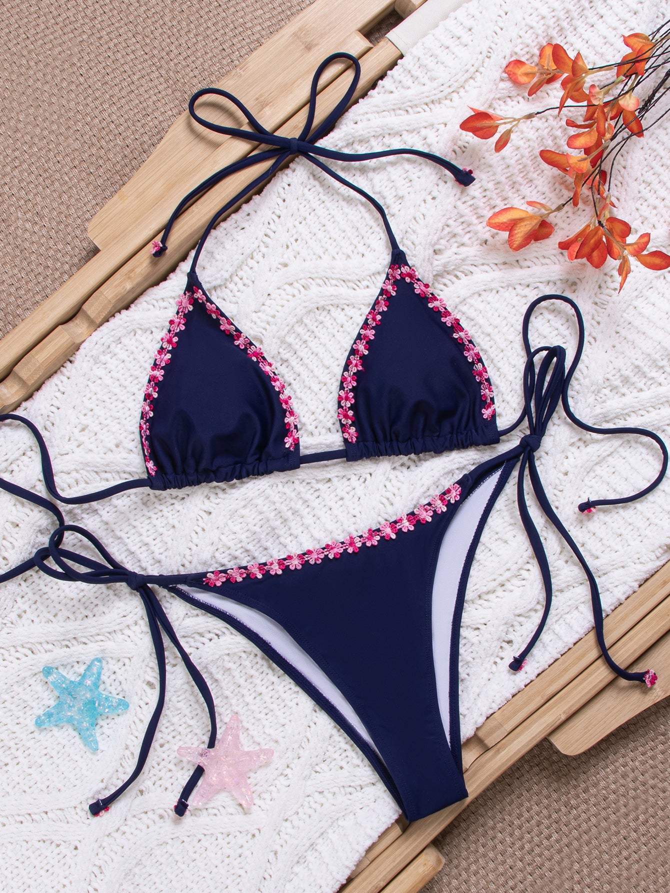 Flower Power Bikini Swimsuit Set With Small Lace