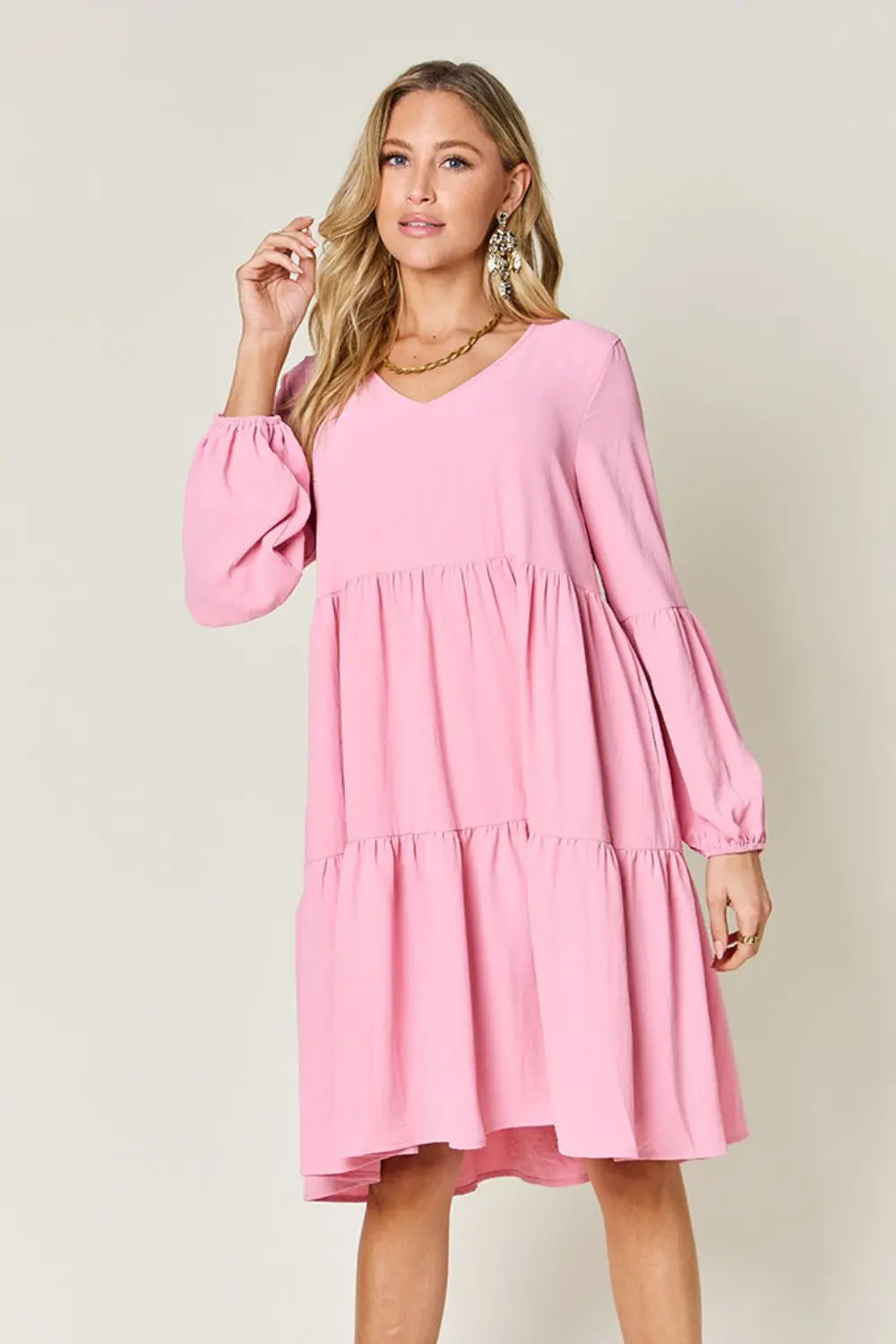 Double Take Full Size V-Neck Balloon Sleeve Tiered Dress with Pockets - Image #1