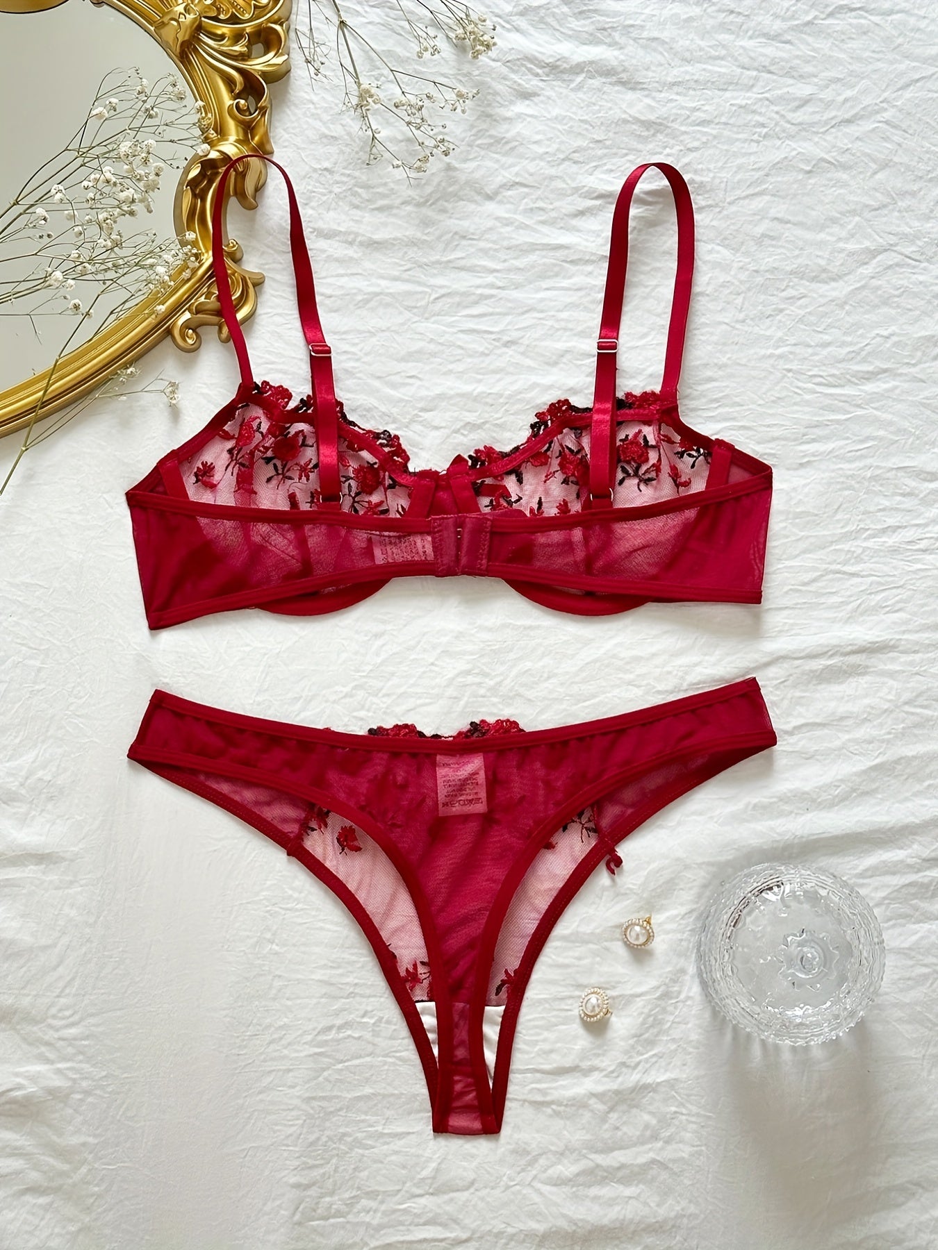 Floral Embroidery Lingerie Set, Sheer Bow Tie Unlined Bra & Mesh Thong, Women's Sexy Lingerie & Underwear