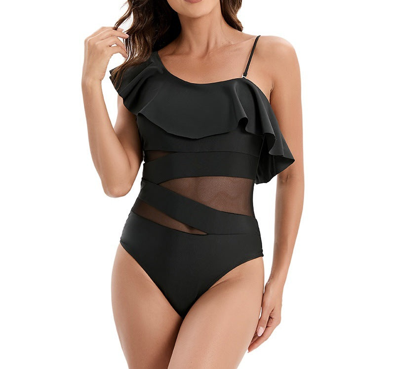 Bikini Mesh Solid Color Splicing One Shoulder Sling