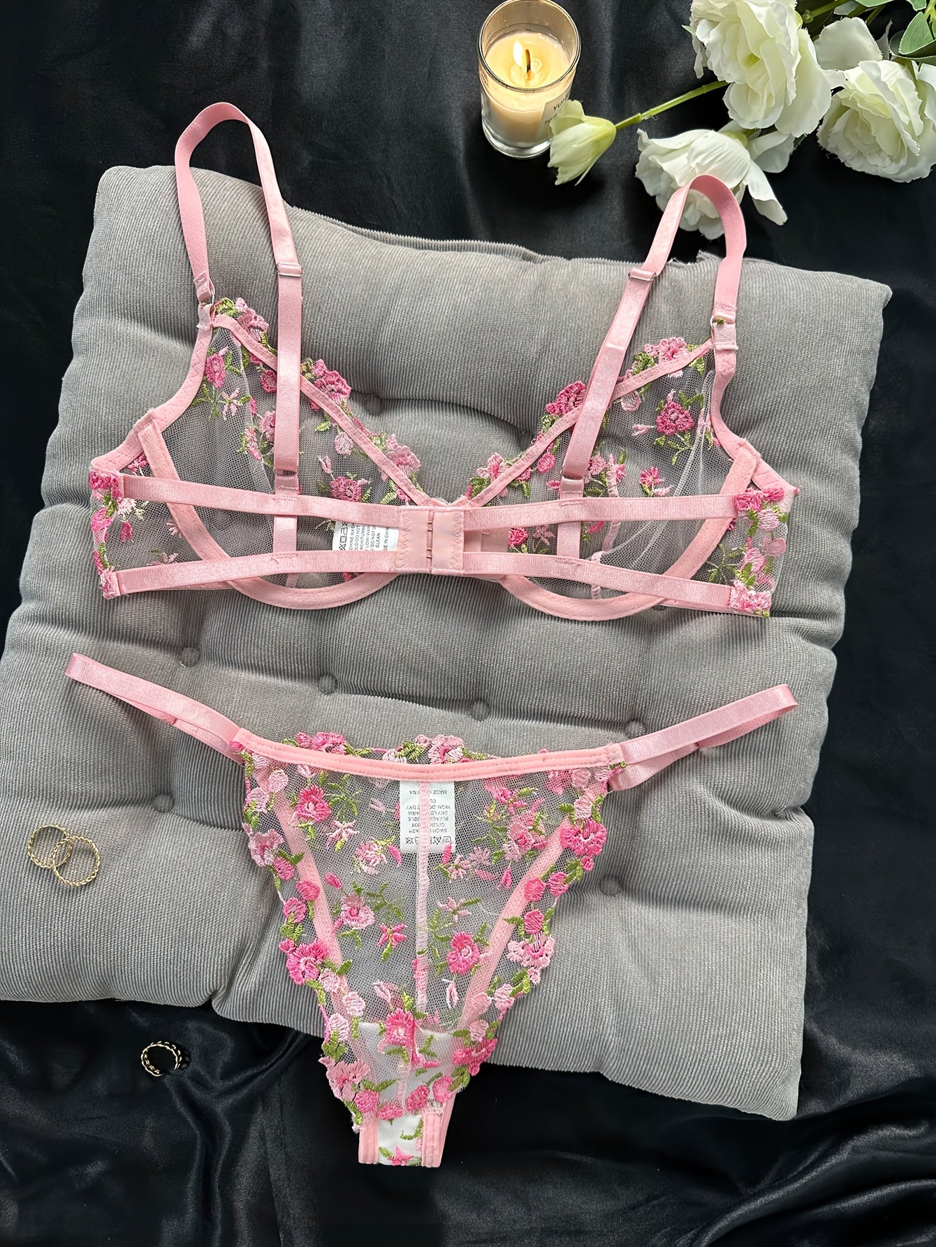 Floral Embroidery Lingerie Set, Cut Out Unlined Bra & Mesh Thong, Women's Sexy Lingerie & Underwear