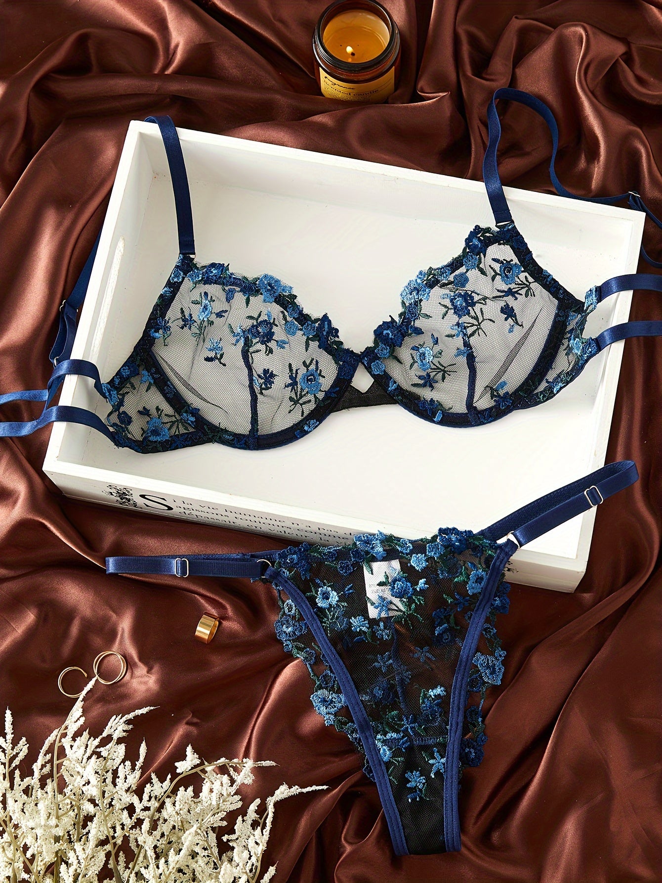 Floral Embroidery Lingerie Set, Cut Out Unlined Bra & Mesh Thong, Women's Sexy Lingerie & Underwear