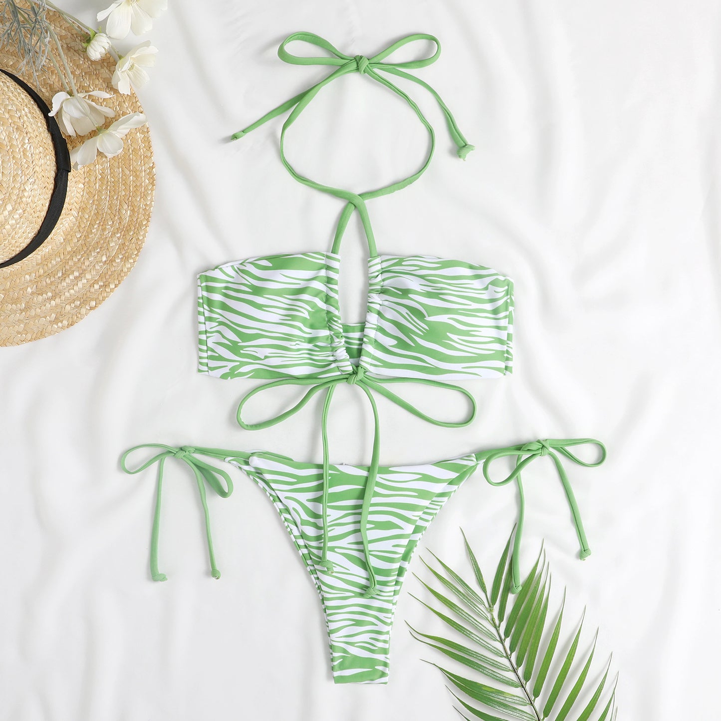 Stripe Print Halter Criss-cross Bikini Side Tie Women's Split Swimsuit