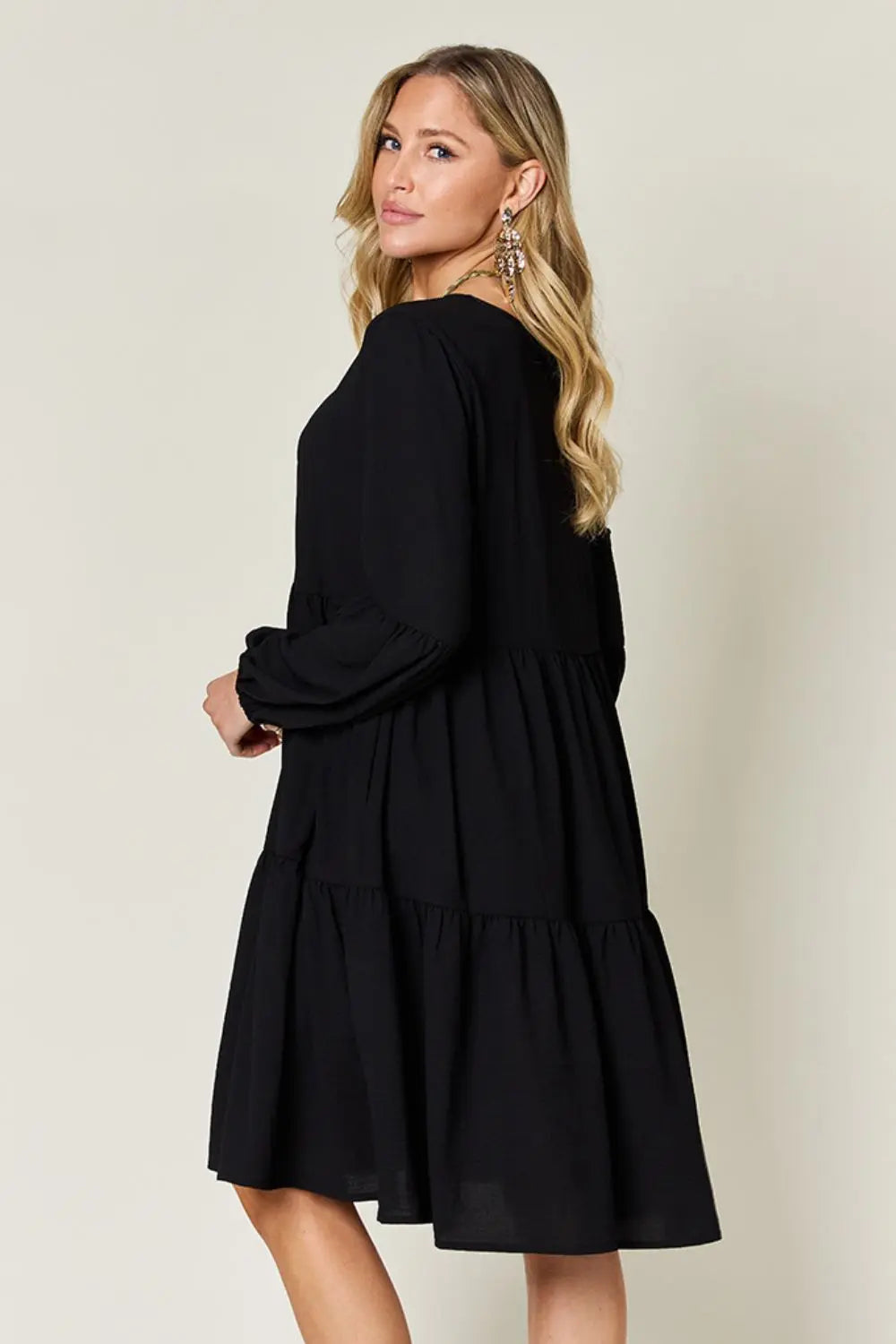 Double Take Full Size V-Neck Balloon Sleeve Tiered Dress with Pockets - Image #17