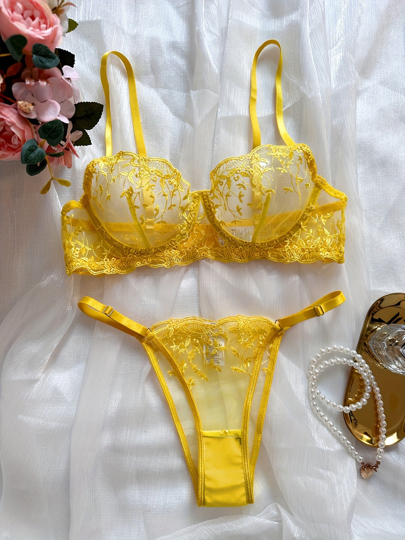 Floral Embroidery Lingerie Set, Sheer Unlined Bra & Mesh Thong, Women's Sexy Lingerie & Underwear