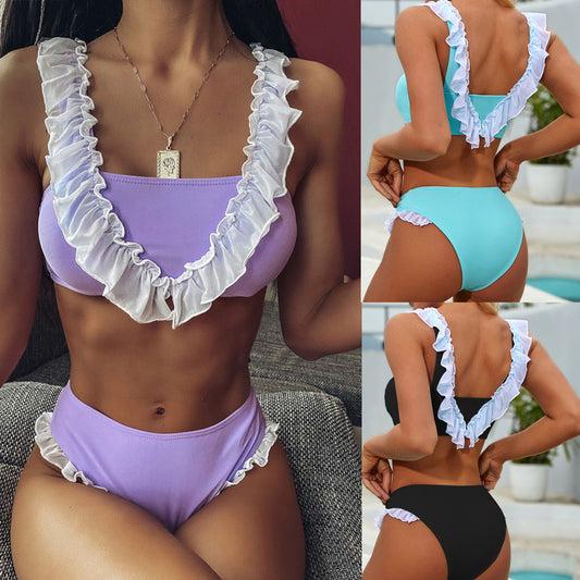 Women's Solid Color Ruffled Bikini Split Swimsuit