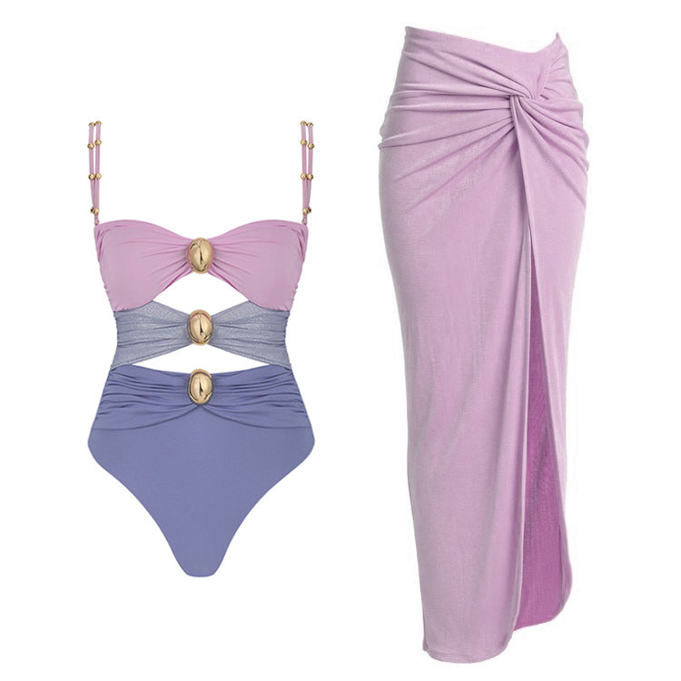 Gold Button Color Matching Three-color Swimsuit Suit Women - Peek A Boo Undies