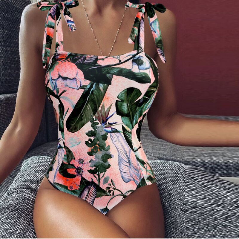 Ladies High Waist Floral Print One Piece Bikini Swimsuit