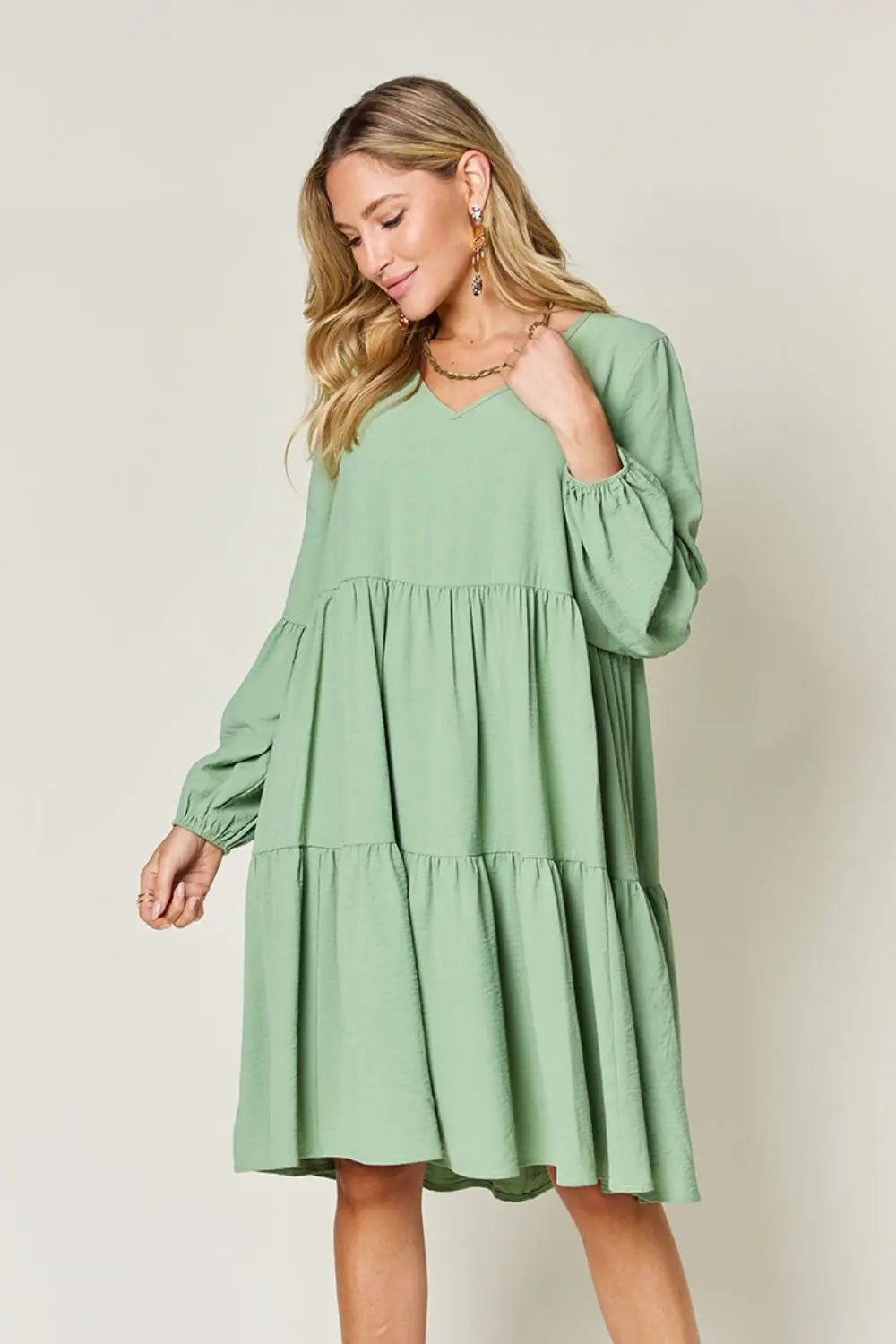 Double Take Full Size V-Neck Balloon Sleeve Tiered Dress with Pockets - Image #20