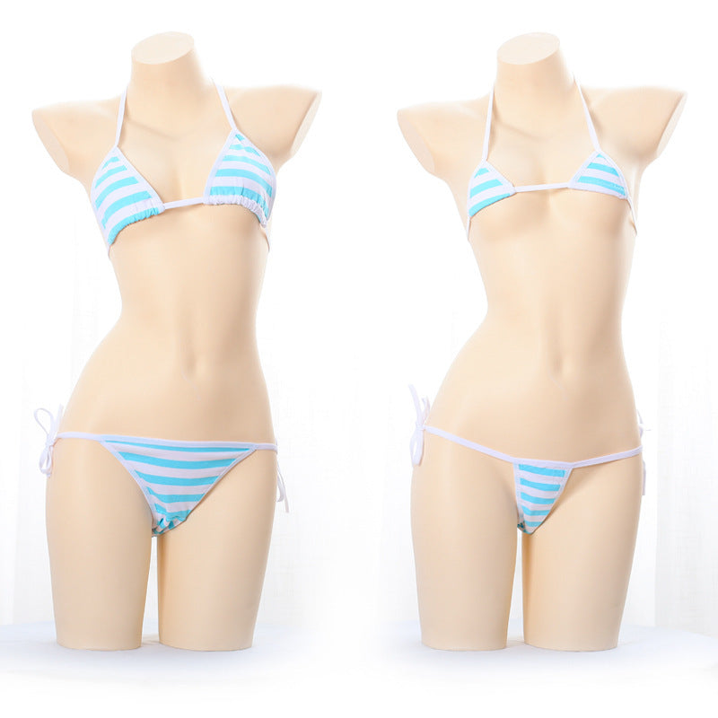 Blue White  White Striped Lace-Up Mini Bikini