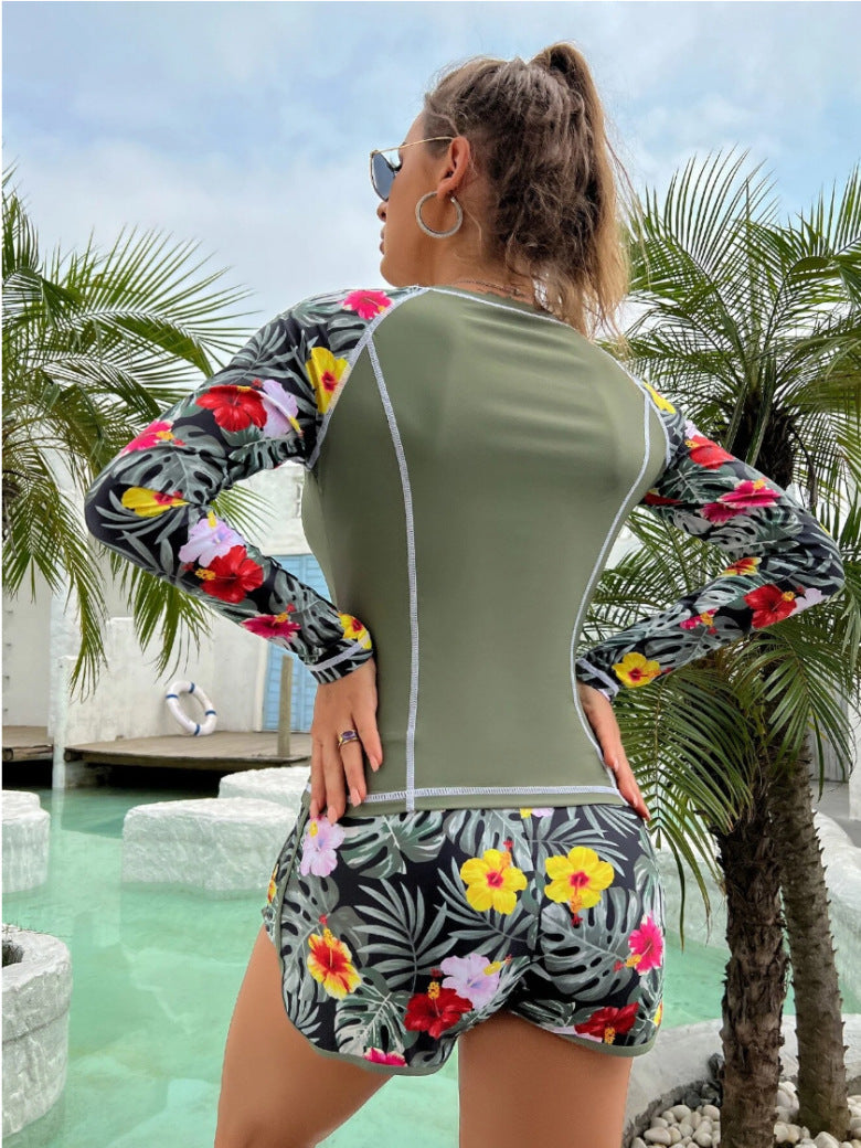 Printed Boxers Conservative Women's Long-sleeved Sunscreen Diving Suit Swimsuit