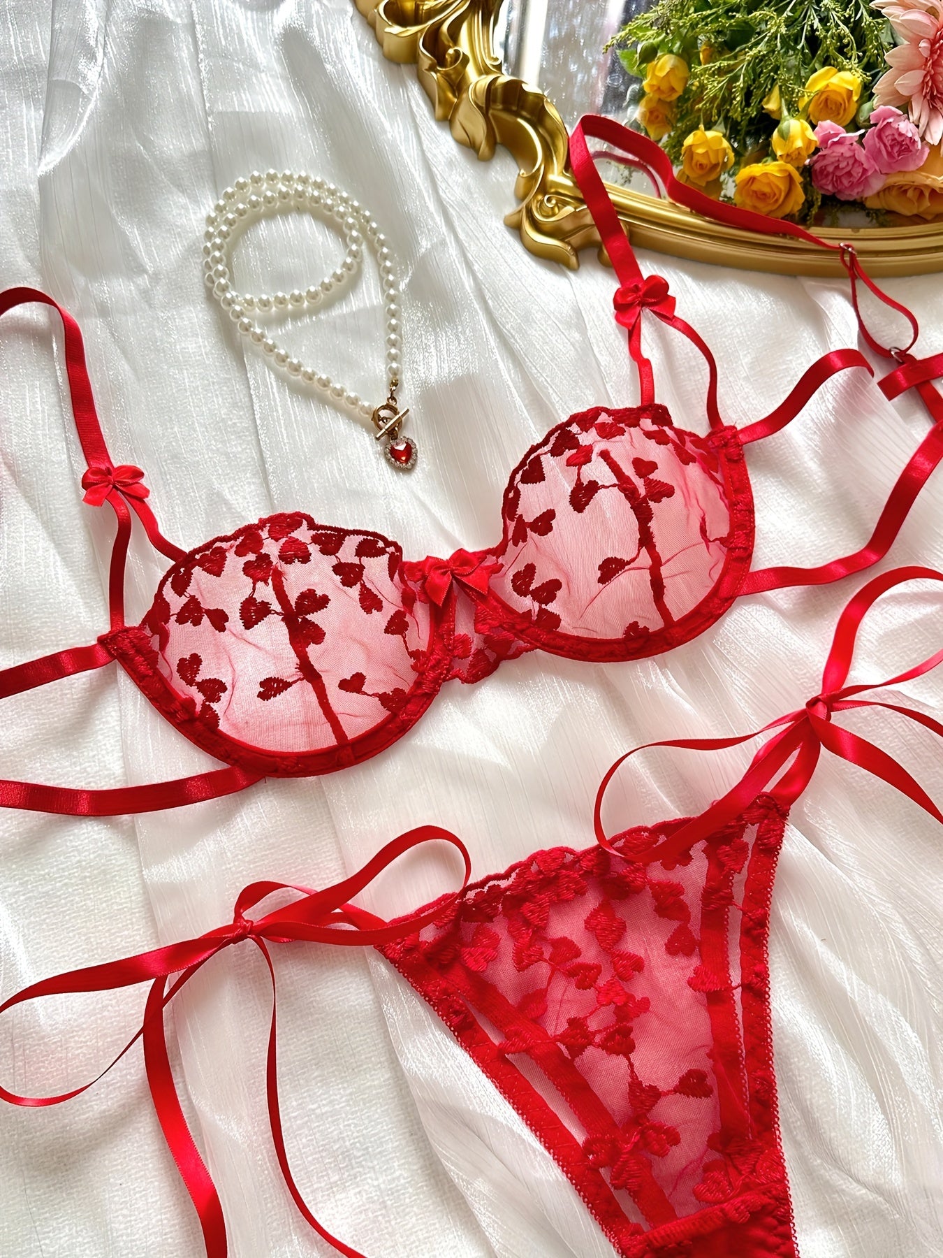 Heart Embroidery Lingerie Set, Mesh Unlined Bra & Strappy Thong, Women's Sexy Lingerie & Underwear