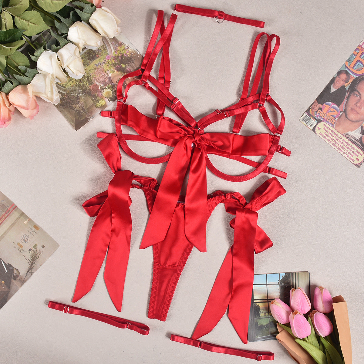 Satin Dew Leg Ring Strap Lingerie 4-piece Set - Peek A Boo Undies