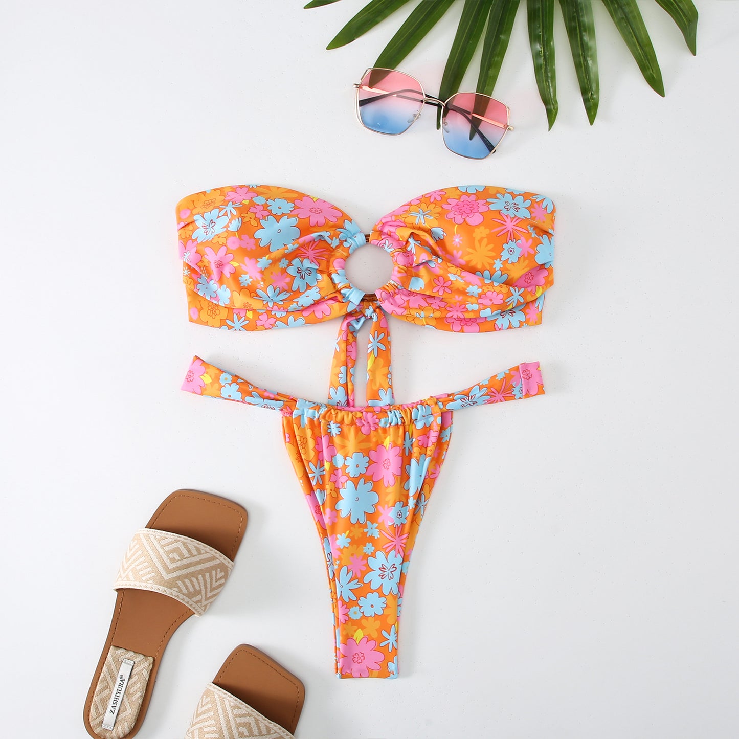 Women's Printed Tube Top Ring Bikini Swimsuit