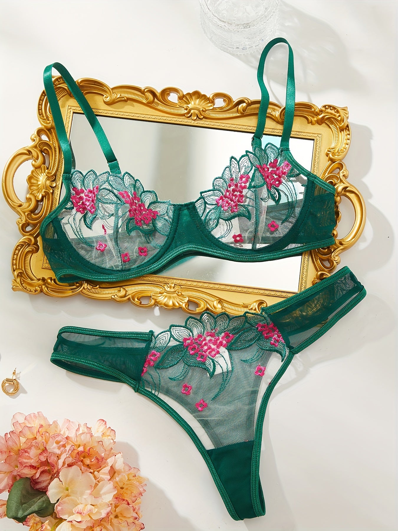 Floral Embroidery Lingerie Set, Sheer Unlined Bra & Mesh Thong, Women's Sexy Lingerie & Underwear