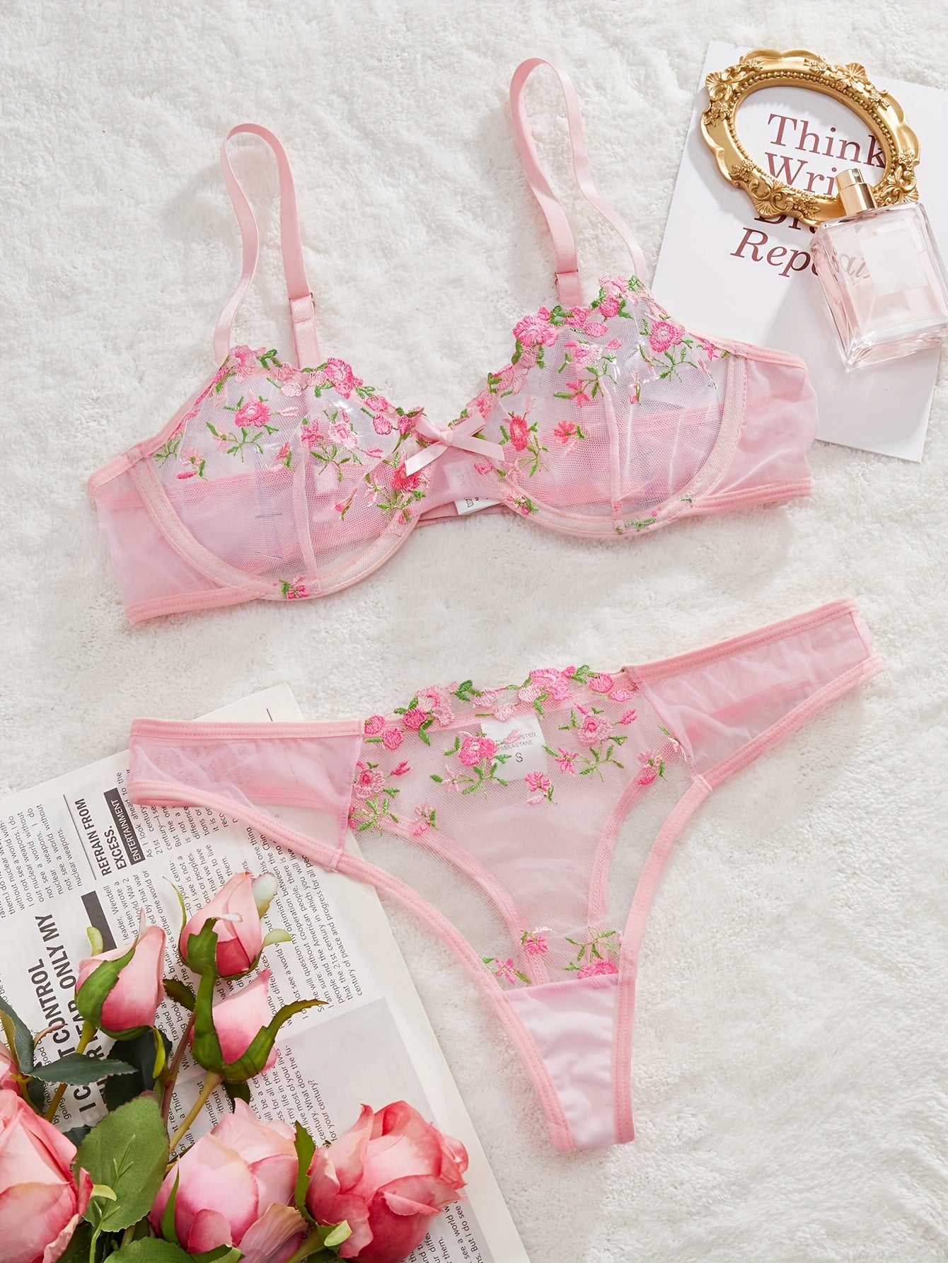 Floral Embroidery Lingerie Set, Sheer Bow Tie Unlined Bra & Mesh Thong, Women's Sexy Lingerie & Underwear