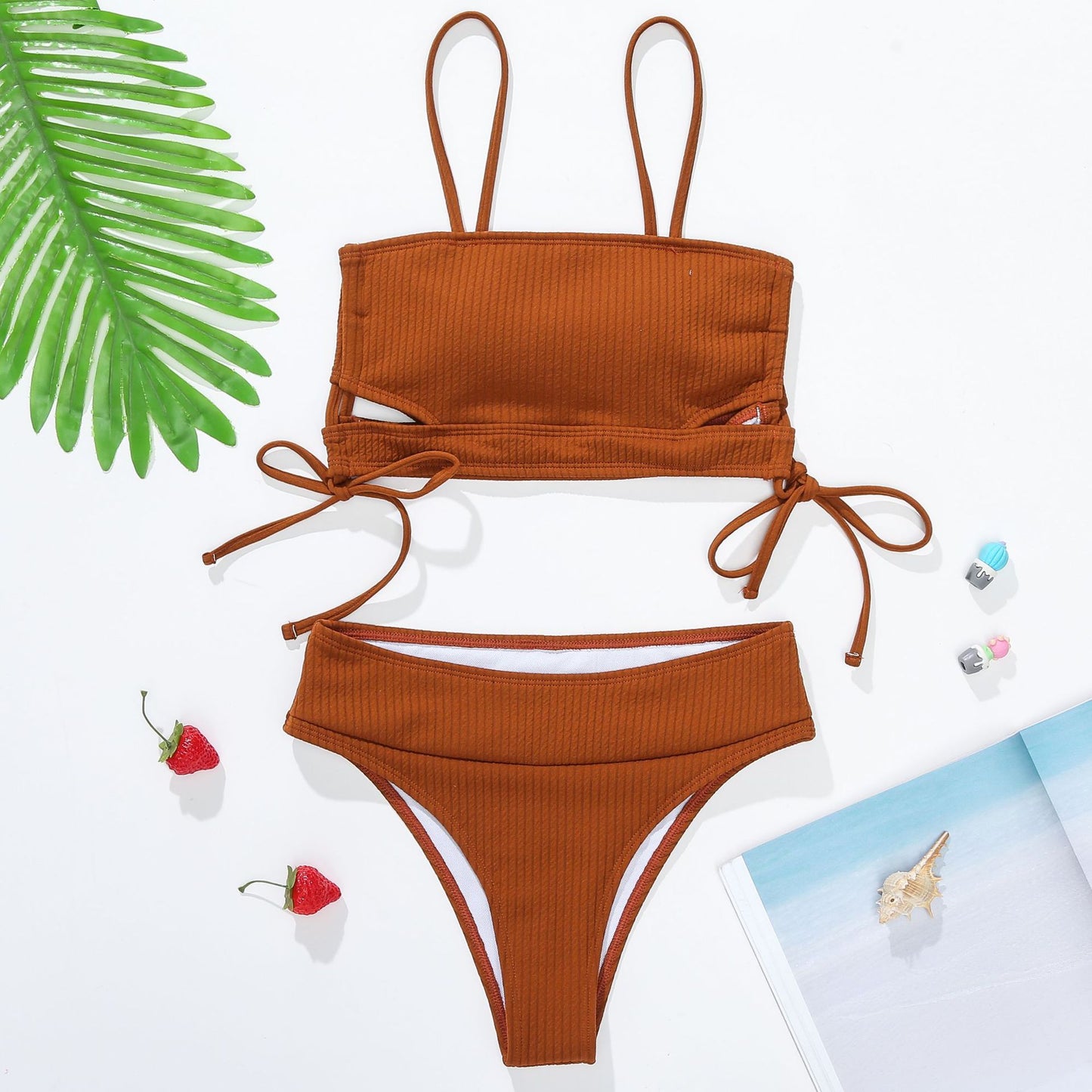 Bikini Rib Lace-up High Waist Swimsuit