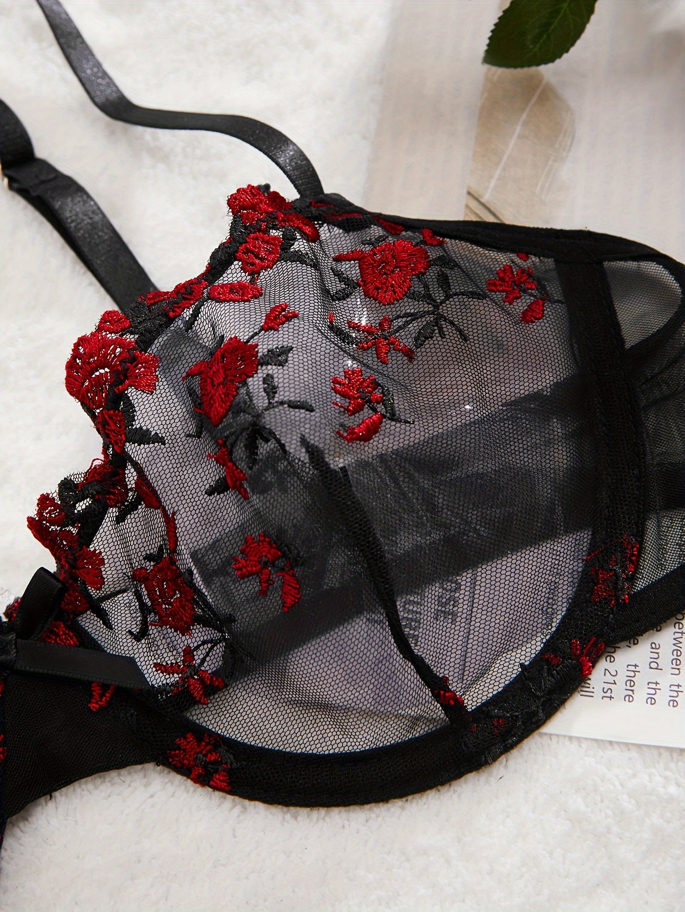 Floral Embroidery Lingerie Set, Sheer Bow Tie Unlined Bra & Mesh Thong, Women's Sexy Lingerie & Underwear