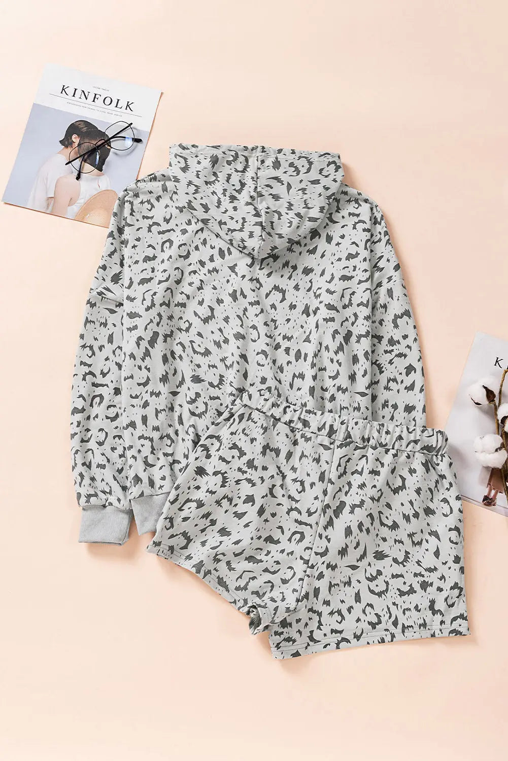 Animal Print Drawstring Detail Hoodie and Shorts Lounge Set - Image #2