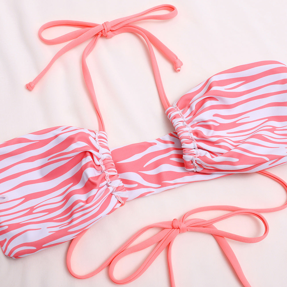 Stripe Print Halter Criss-cross Bikini Side Tie Women's Split Swimsuit