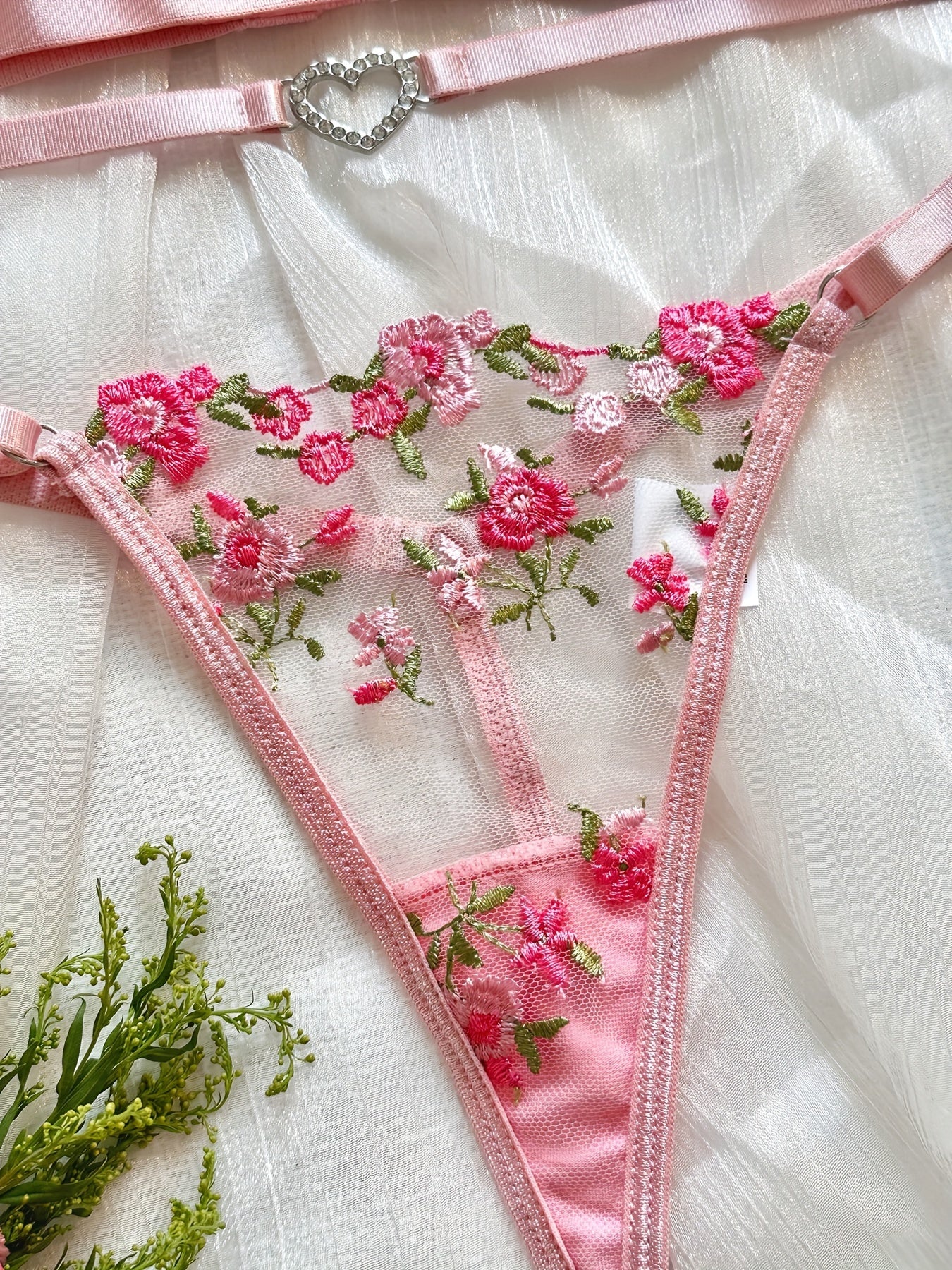 Floral Embroidery Lingerie Set, Cut Out Unlined Bra & Mesh Thong, Women's Sexy Lingerie & Underwear