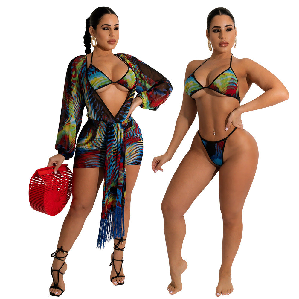 Digital Mesh See-through Swimsuit Bikini Three-piece Set