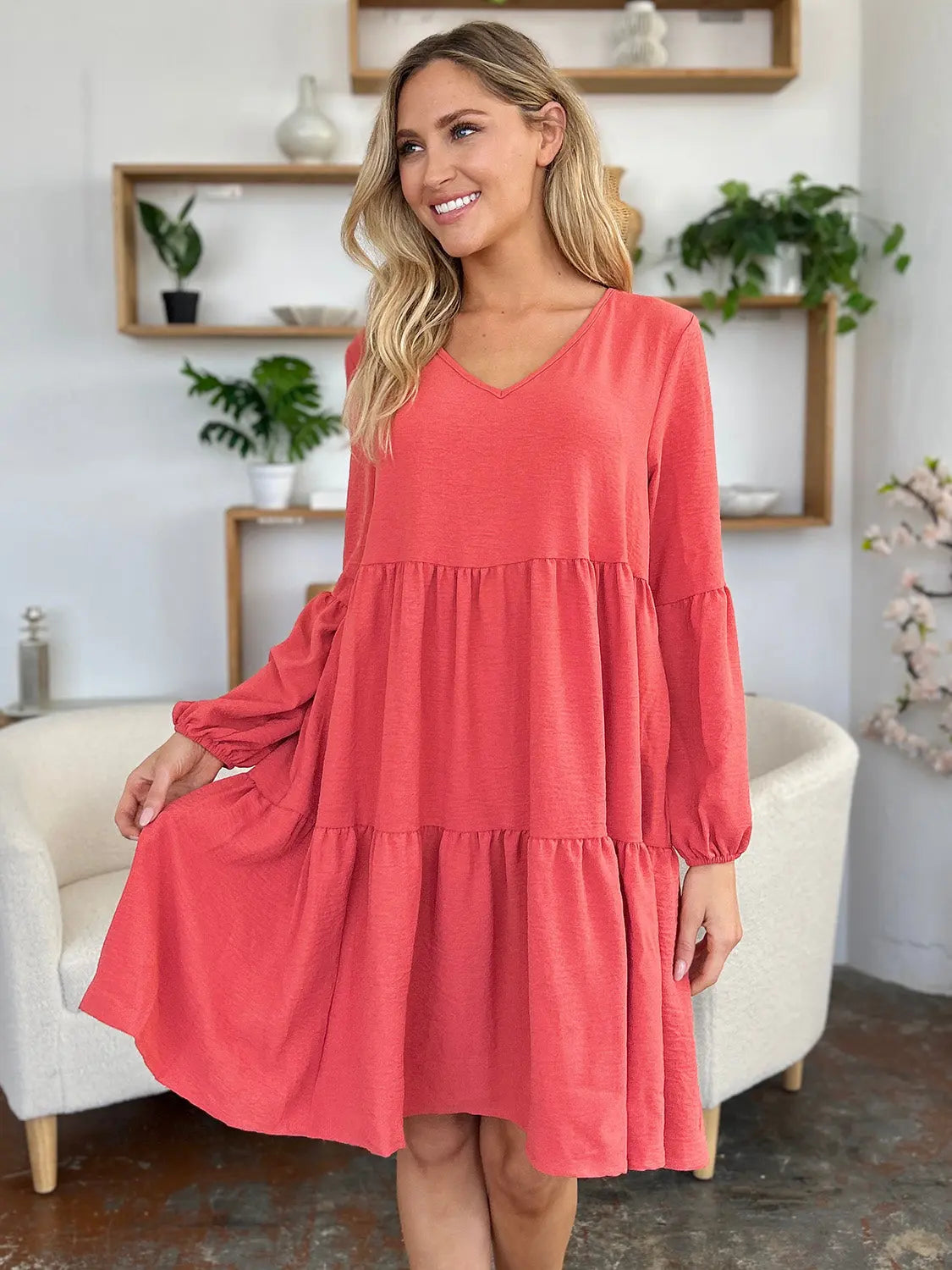 Double Take Full Size V-Neck Balloon Sleeve Tiered Dress with Pockets - Image #13