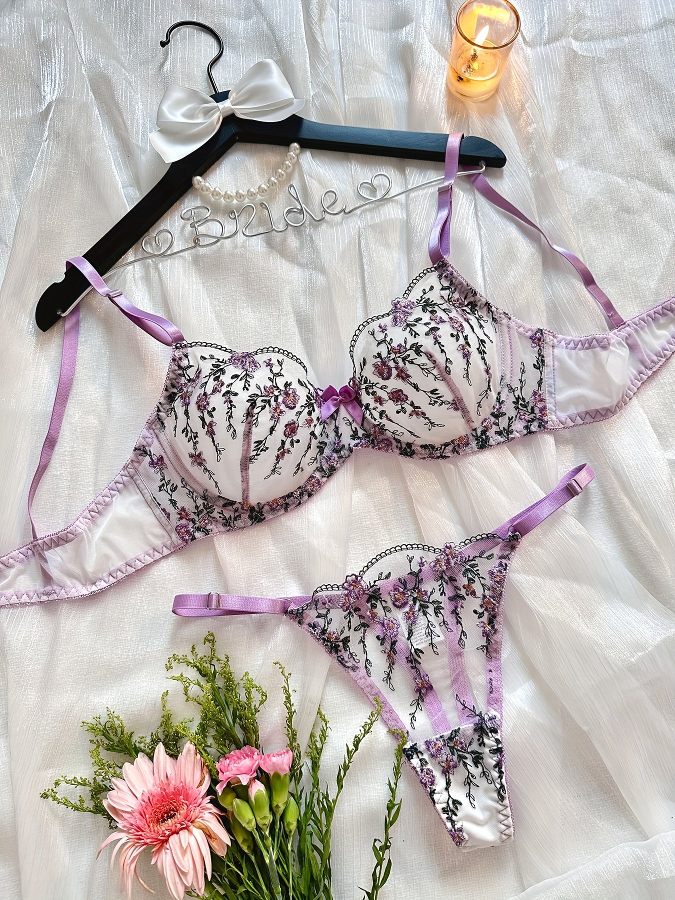 Floral Embroidery Lingerie Set, Sheer Unlined Bra & Mesh Thong, Women's Sexy Lingerie & Underwear