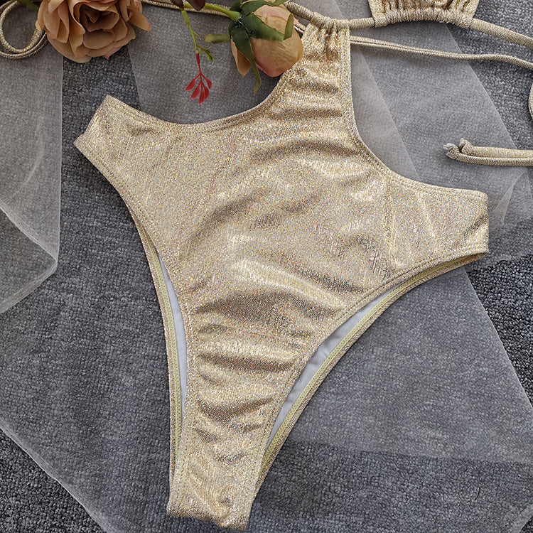 Two-Piece Beach Swimwear Set In Gold Foil Stamped Fabric