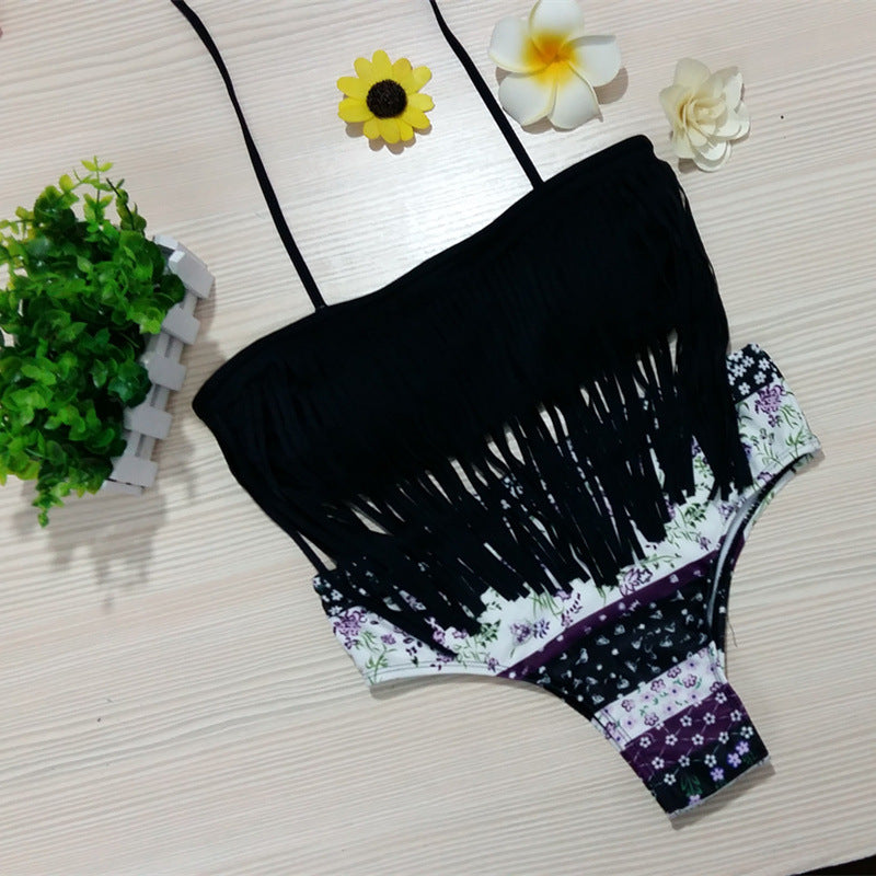 Tassel Floral Bikini Swimsuit Split