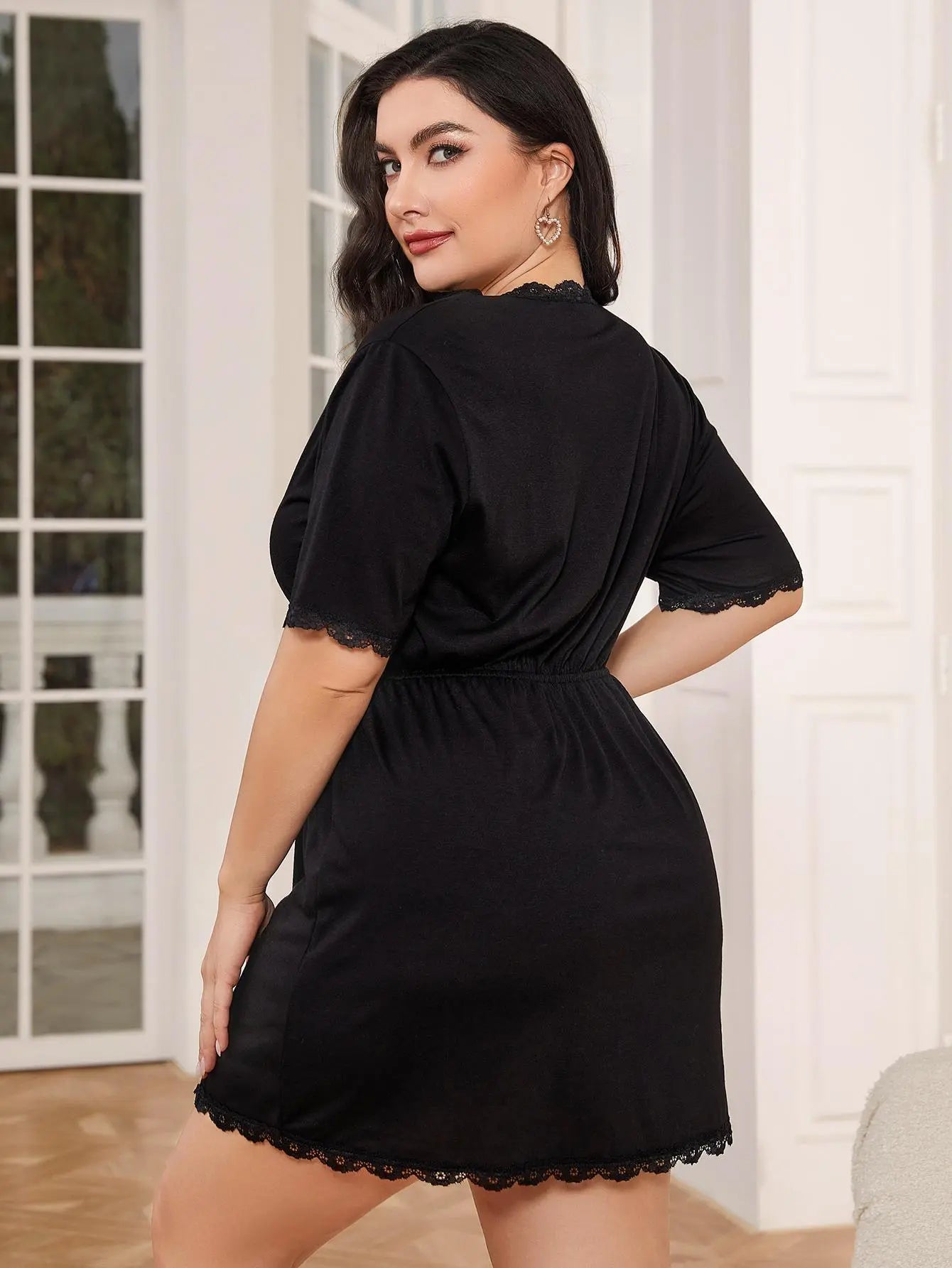 Plus Size Lace Trim Deep V Night Dress - Image #2