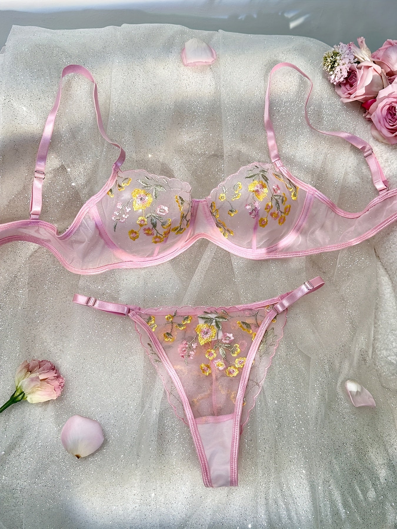 Floral Embroidery Lingerie Set, Sheer Unlined Bra & Mesh Thong, Women's  Lingerie & Underwear