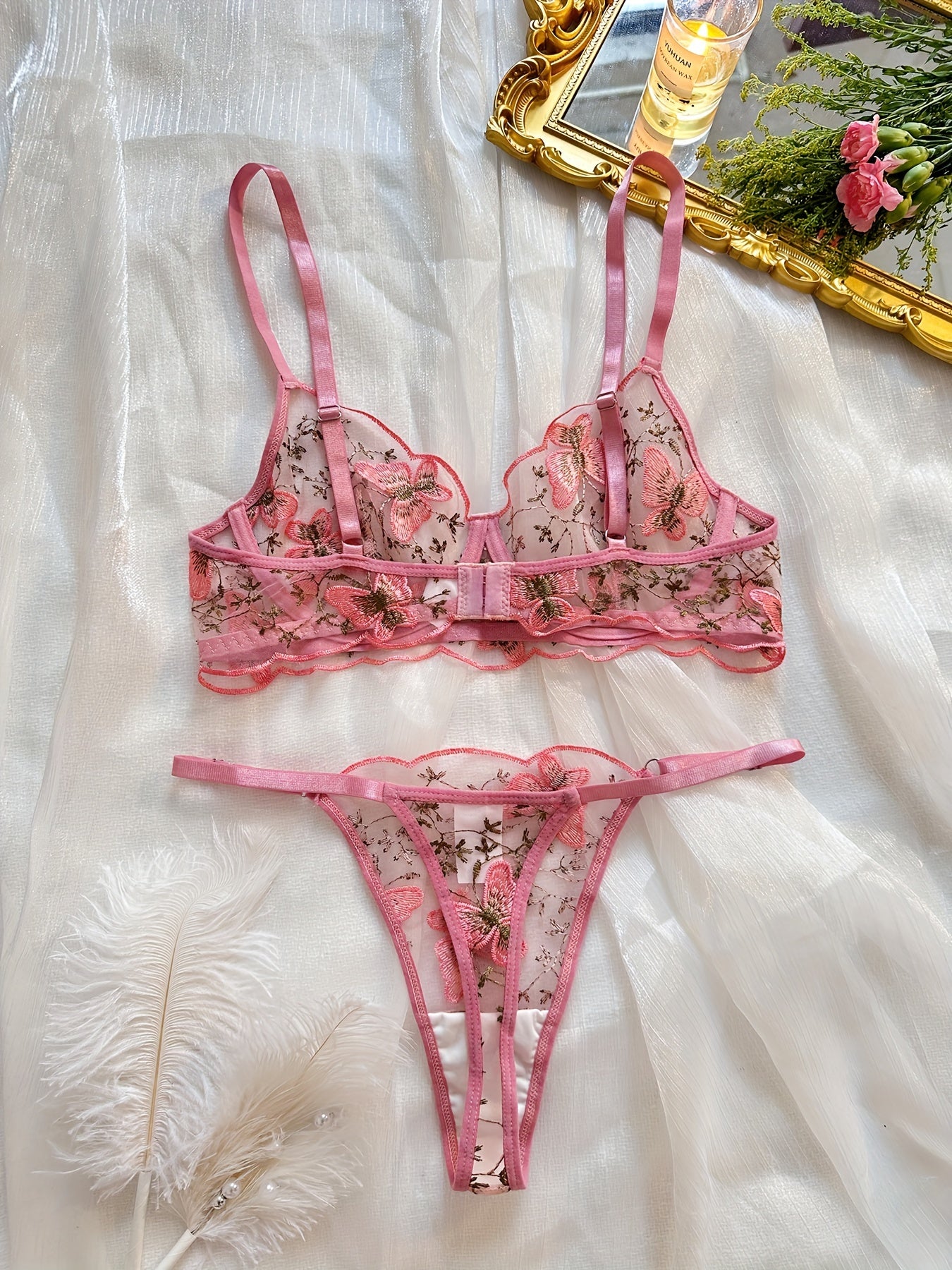 Butterfly Embroidery Lingerie Set, Sheer Unlined Bra & Mesh Thong, Women's Sexy Lingerie & Underwear