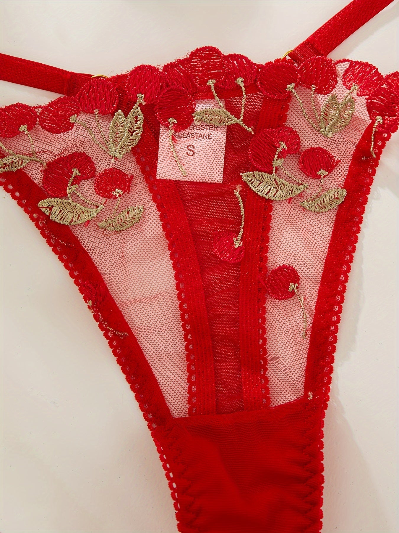 Cherry Embroidery Lingerie Set, Sheer Unlined Bra & Mesh Thong, Women's Sexy Lingerie & Underwear