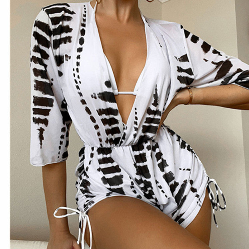 Long Sleeved Net Yarn Swimsuit Women's Draw Rope Sunscreen Smock Three-piece Bikini