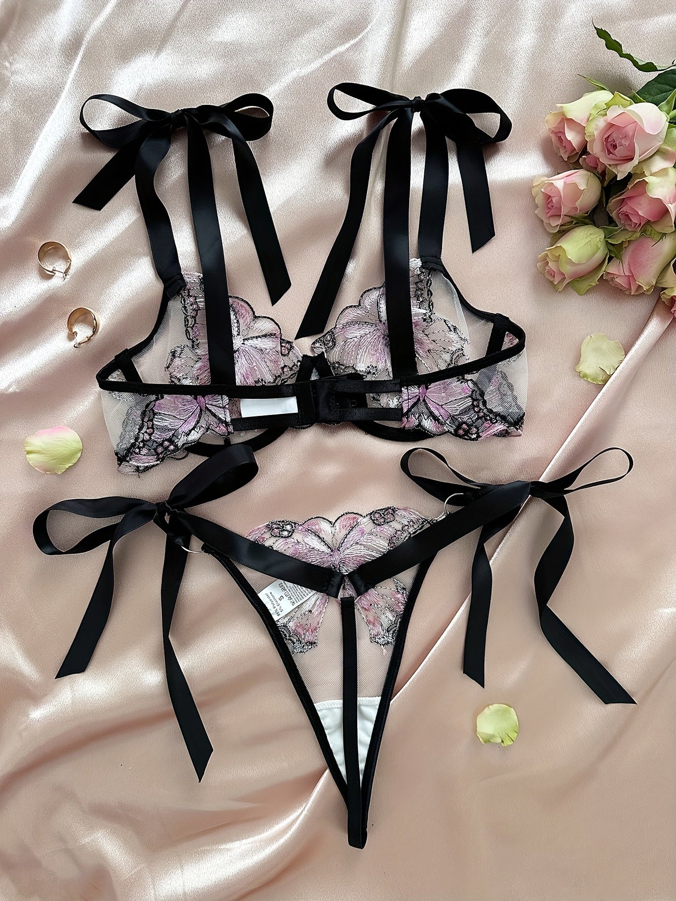 Butterfly Embroidery Lingerie Set, Unlined Mesh Bra & Strappy Thong, Women's Sexy Lingerie & Underwear