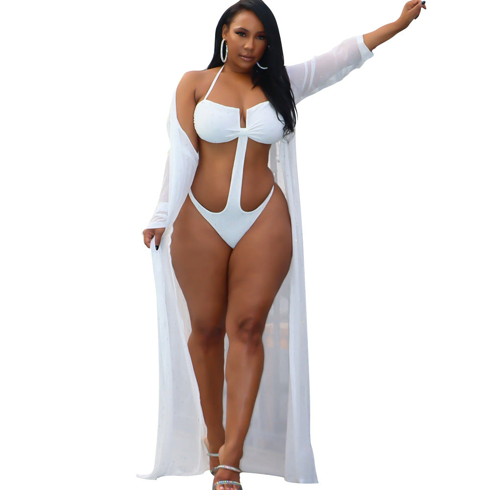 Women's Mesh See-Through Hot Drilling Long Sleeve Swimsuit Cape