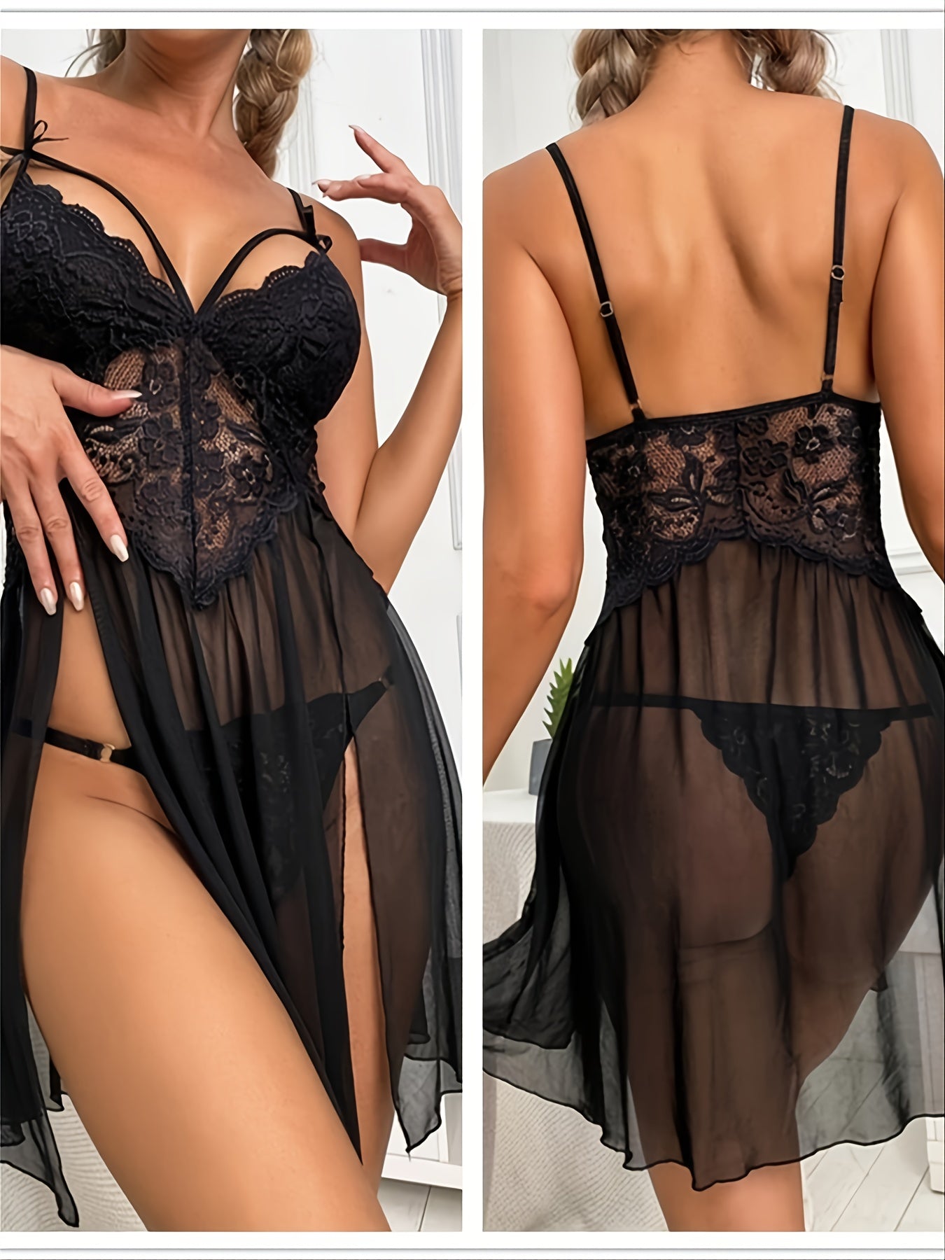 Contrast Lace Dress & Panties, Mesh Stitching Bow Babydoll Slip Dress & Thong Panty, Women's Sexy Lingerie & Underwear