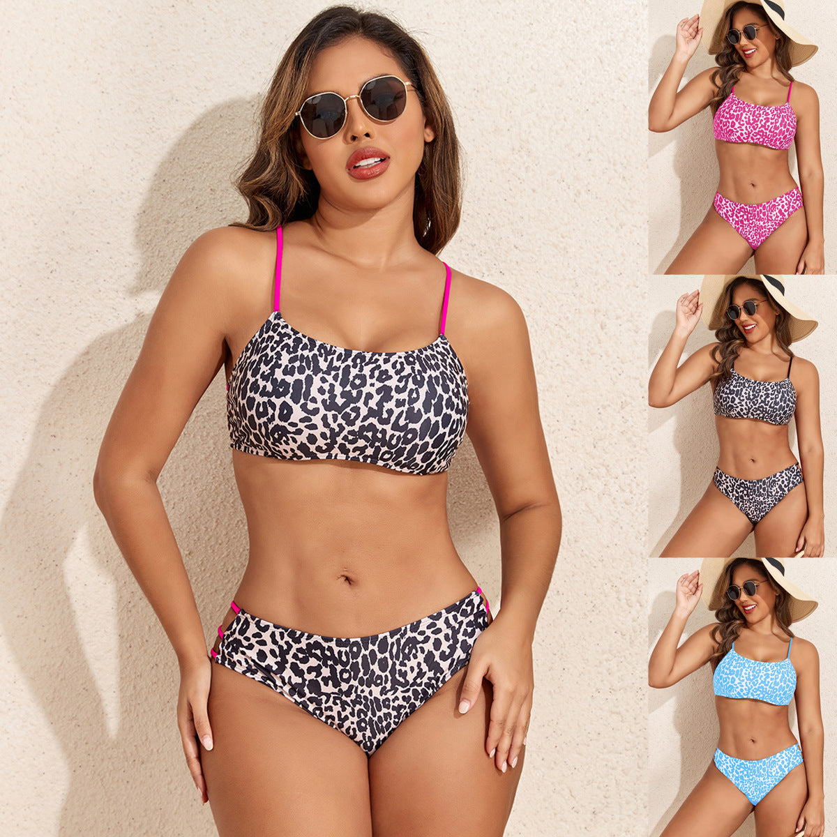 Leopard Print Split Two-piece Suit Multi-rope Bikini Swimsuit