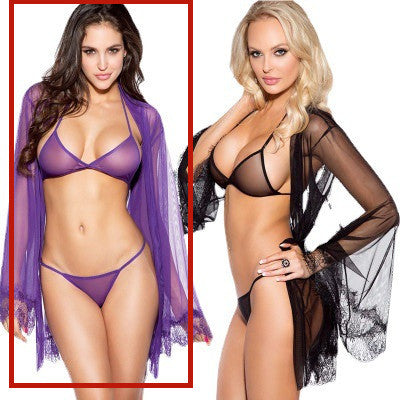 Purple Black Lingerie Three-point Bikini Three-piece Set See-through Suit - Peek A Boo Undies