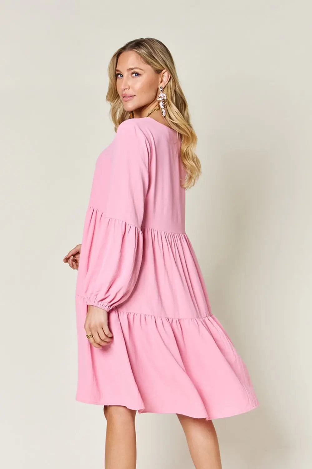 Double Take Full Size V-Neck Balloon Sleeve Tiered Dress with Pockets - Image #4