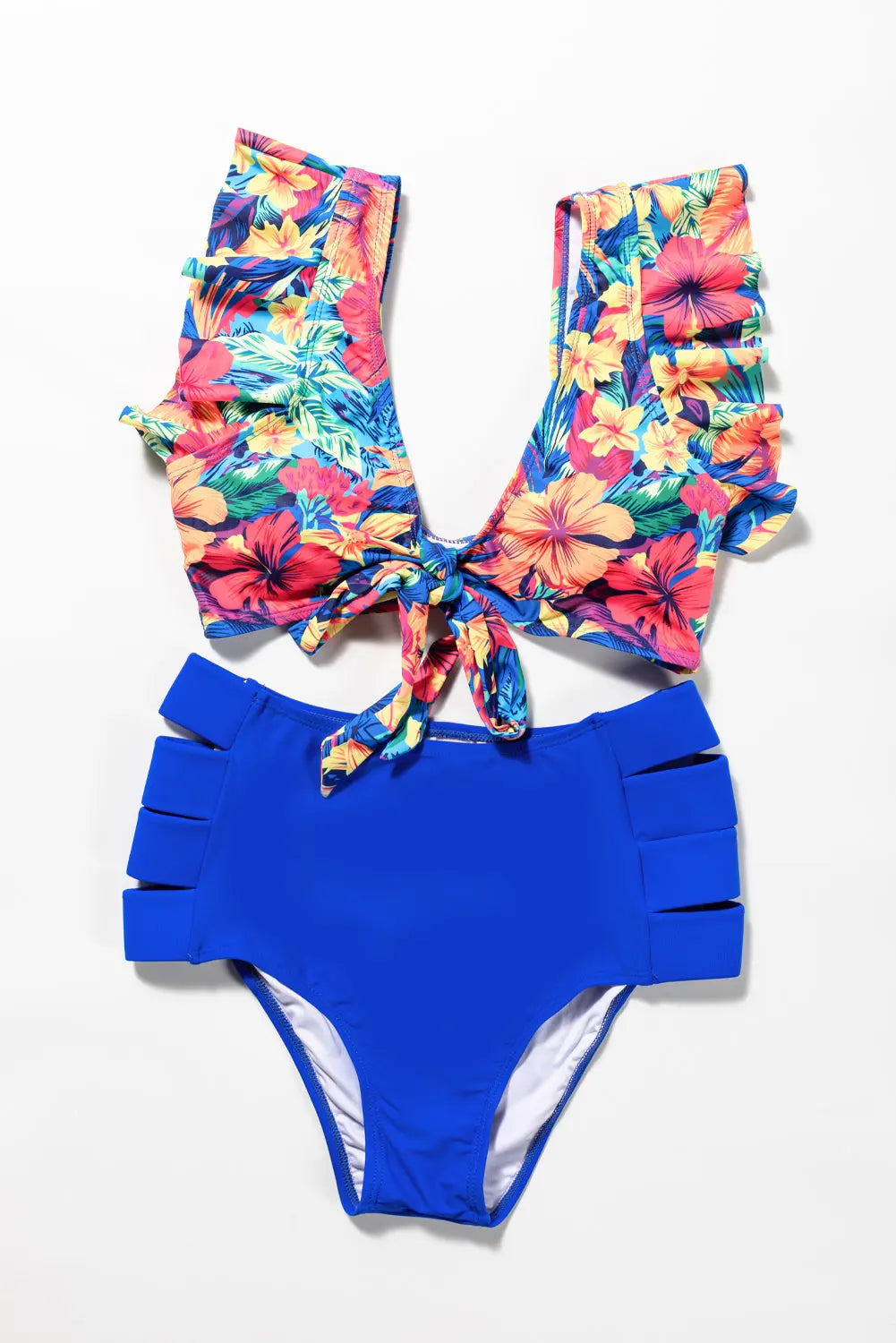 Floral Print Front Tie High Waist Bikini Swimsuit with Ruffles - Image #16