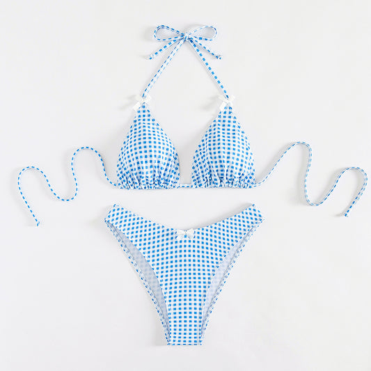 Split Plaid Printed Banded Bikini Swimsuit