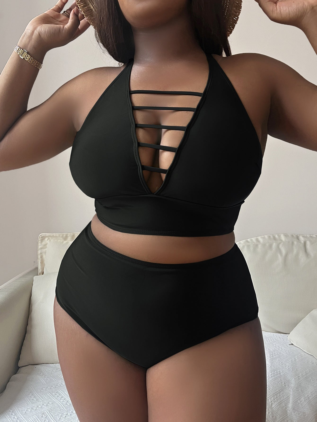 Plump Girls Plus Size Solid Color Hollow Cross Shoulder Strap Adjustable Halter Bikini